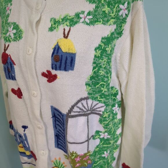 The Quacker Factory Sweater Cardigan 1x spring birdhouse Embroidered Grandma - Picture 3 of 8